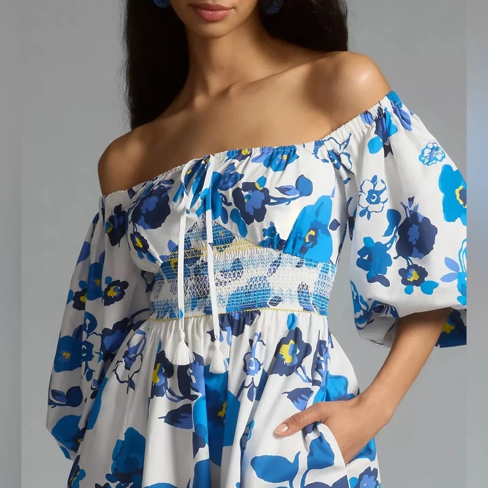 Plenty by Tracy Reese Off-The-Shoulder Puff-Sleeve Smocked Midi Dress - Picture 12 of 15